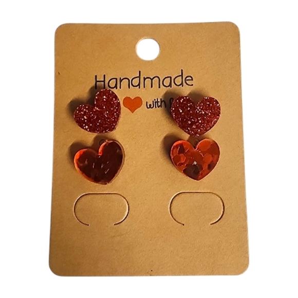 Hand Crafted Jewelry - Ruby Sparkle Heart Acrylic Stud Earrings - 2 Pair